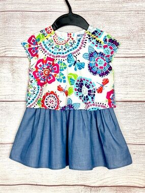Jacadi Dress Top & Skirt Style Floral Butterfly and Blue Chambray Skirt 3A (96)
